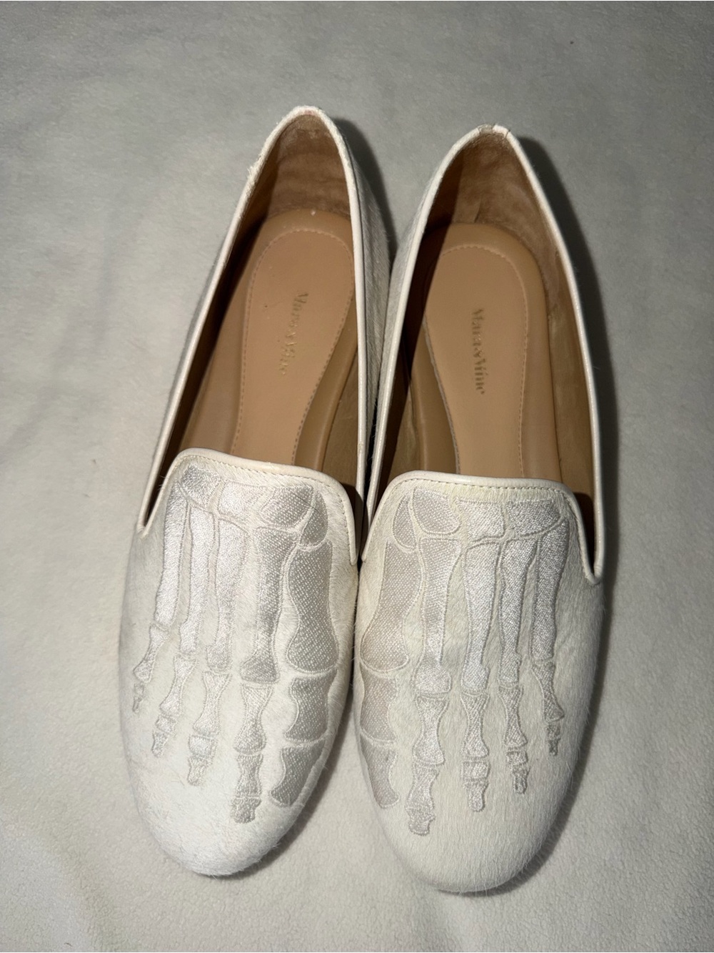 Mara & Mine White Embroidered Skeletal Motif Women's Slip-On Loafers